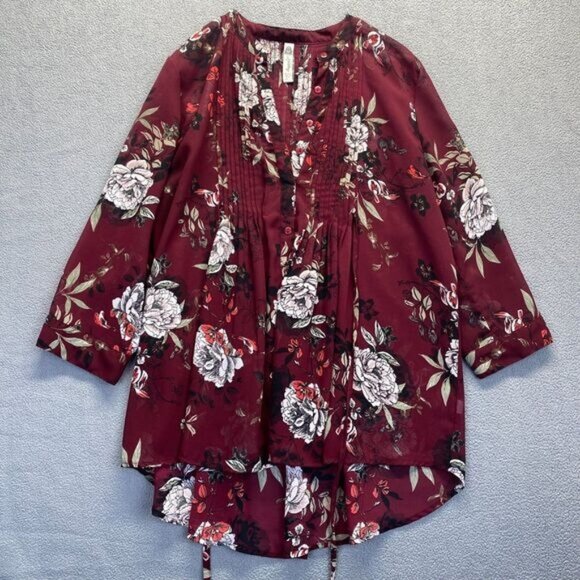 American Rag Tunic Blouse Top Womens Large  Red/Brown Floral Pattern 3/4 Sleeve - Picture 1 of 12